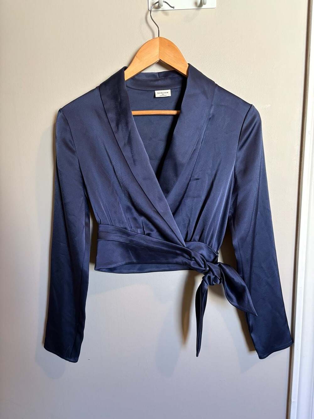 Babaton Davis Long Sleeve Satin Wrap Blouse Navy